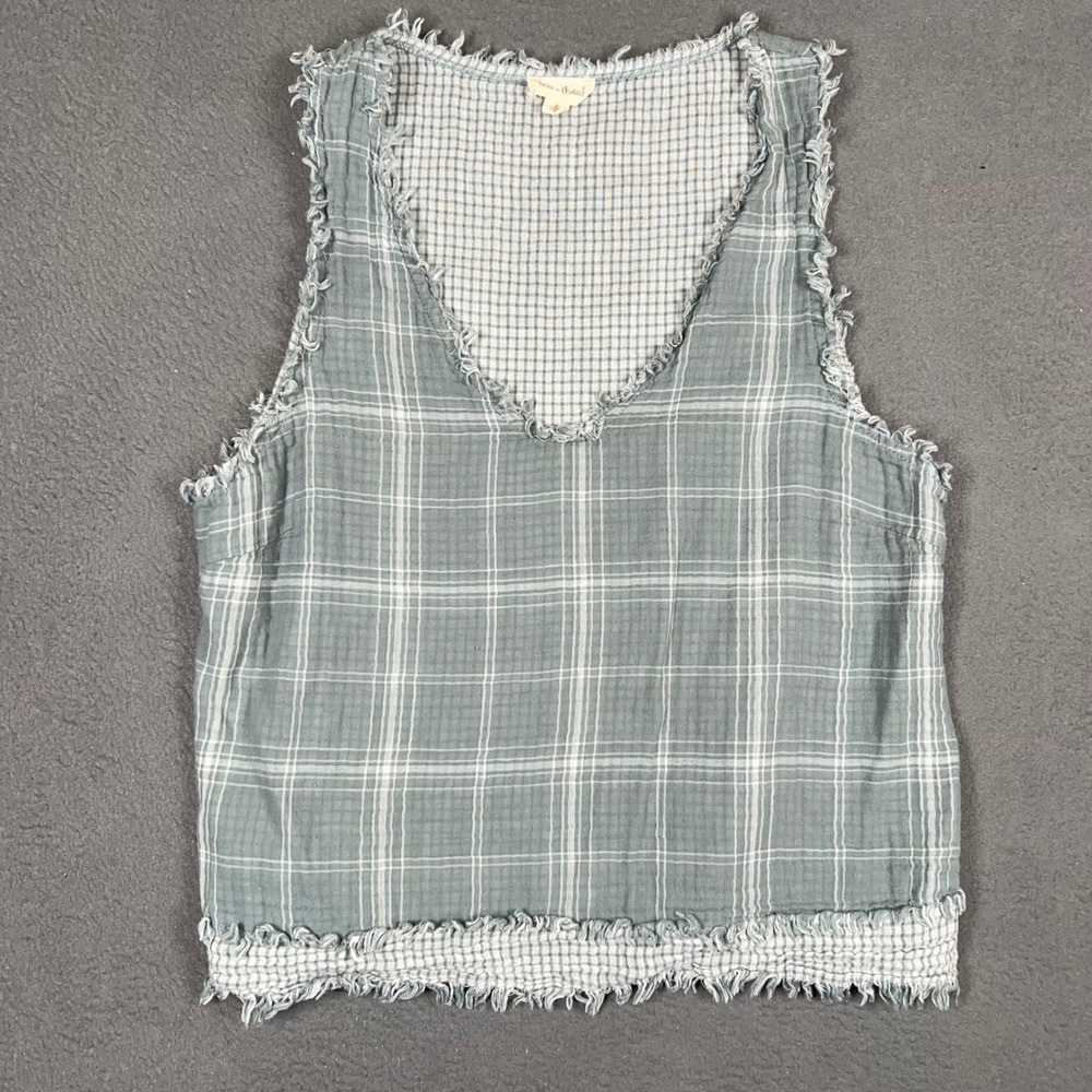 Hem & Thread Tank Top Women S Green Plaid Frayed Raw Hem Sleeveless Gauze